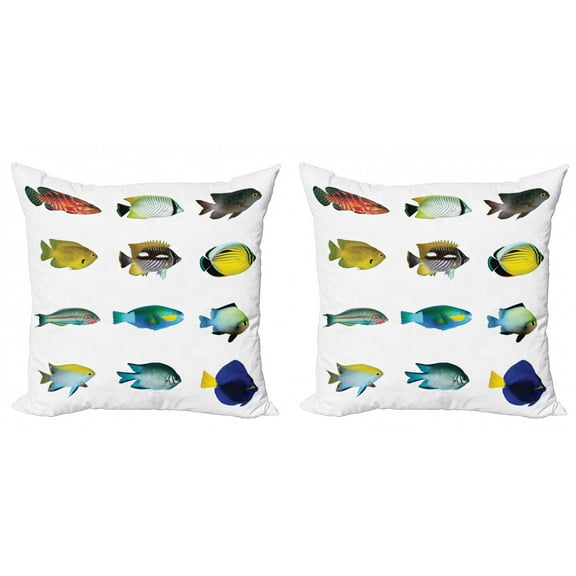 Ambesonne Fish Throw Pillow Cover 2 Pack, Sea Creatures Nautical, 16", Multicolor