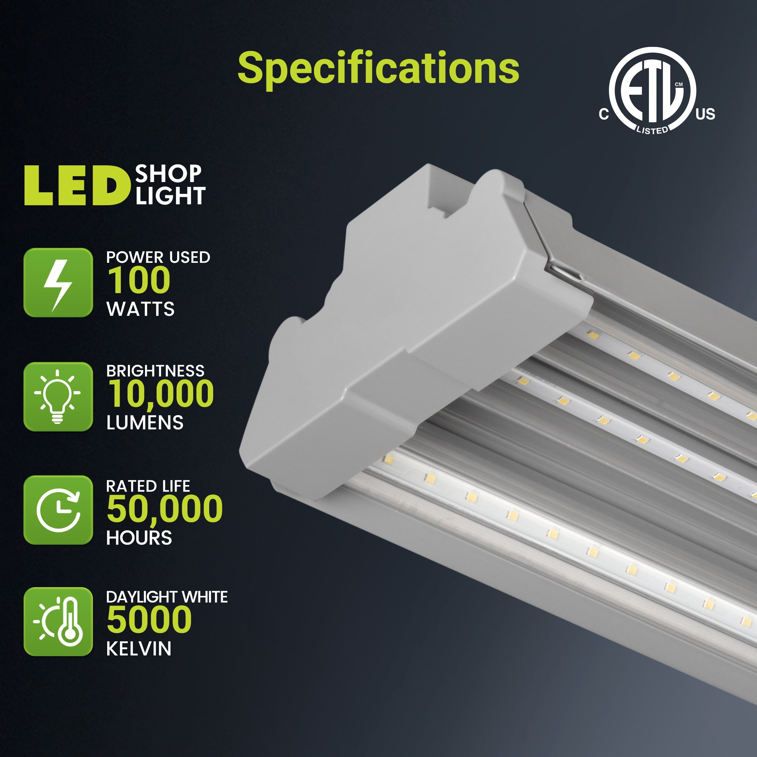 Green Watt LED Shop Light, 4-ft with Swivel Side Panels, 100-watt, 10000 Lumen Ultra Bright, Daylight, Painted Grey, 1-Pack