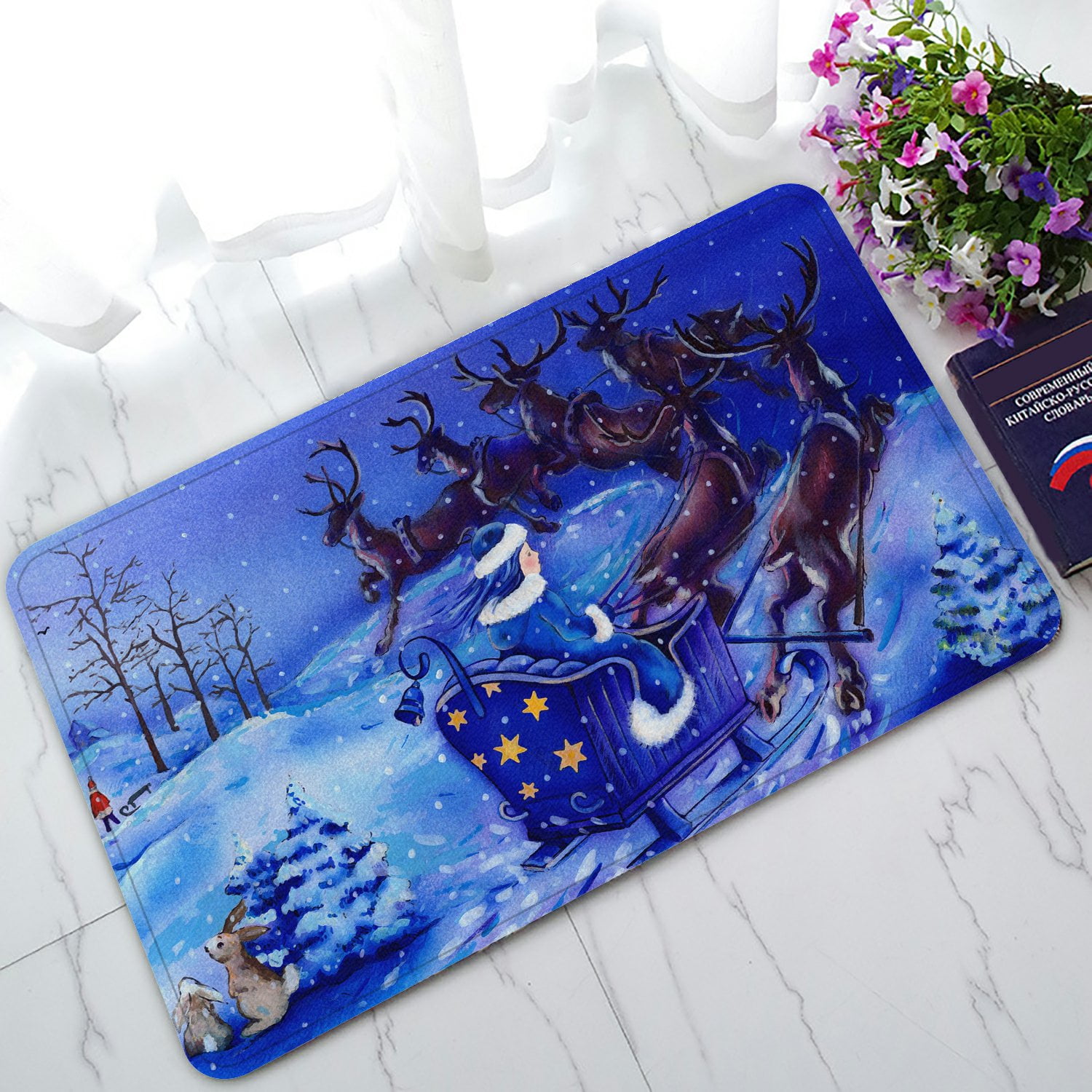 PHFZK Christmas Doormat, Animal Reindeer in the Winter Snow Doormat Outdoors/Indoor Doormat Home