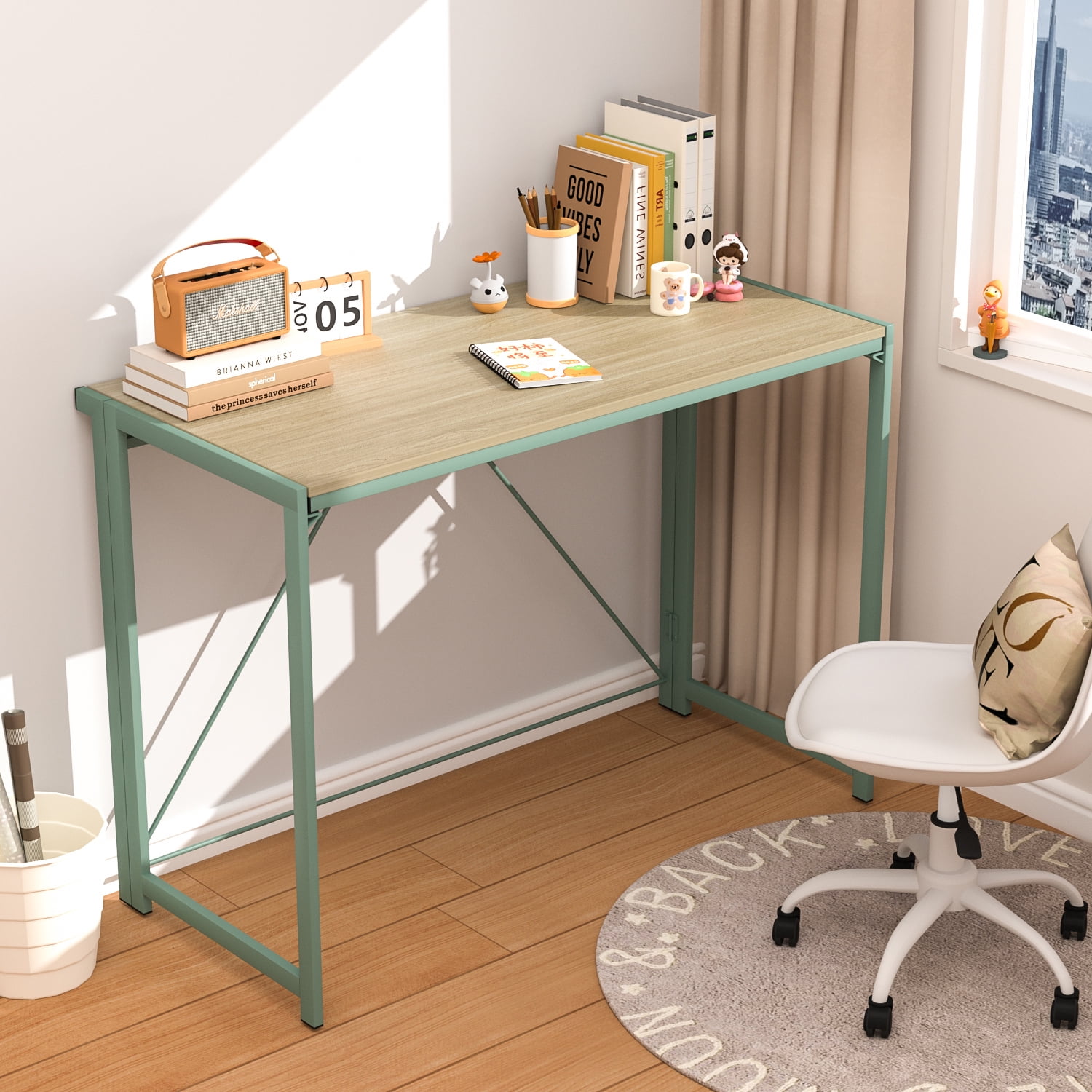Mainstays Sage Frame Folding Desk with Natural Grained Top,Adult.