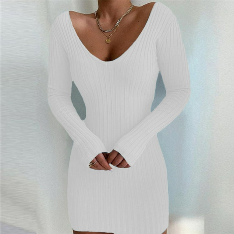 JDEFEG Dress Pullover Women Autumn Womens V Neck Long Sleeves Slim Thin Dress Warm Sweater Fuzzy Sweater Dress Women Sweaters for Women Polyester