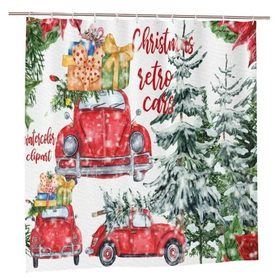 Christmas Red Truck Shower Curtain Christmas Tree Shower Curtain Winter Holiday Shower Curtains for Bathroom Polyester Fabric