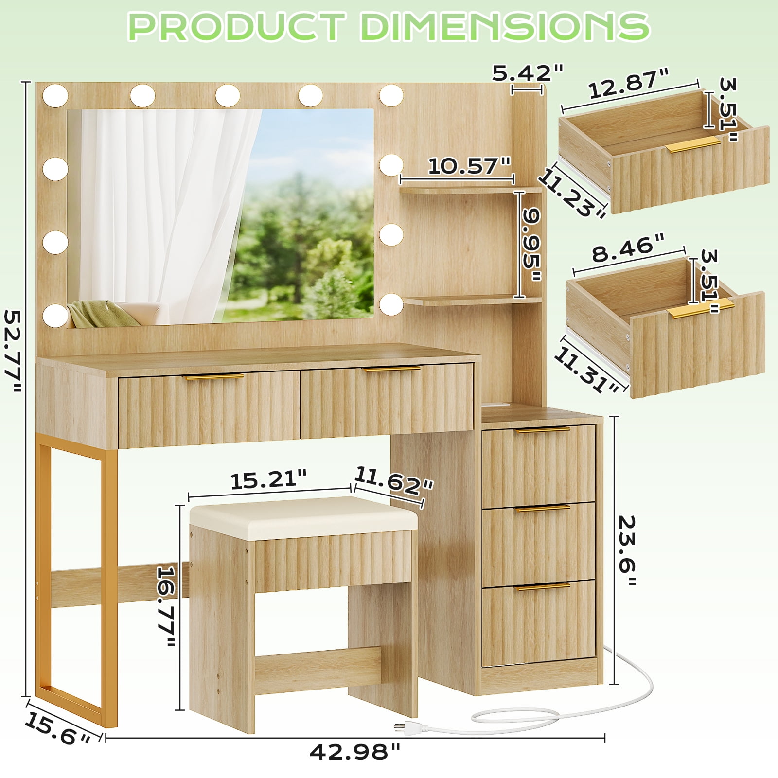 Ktaxon Flutted Makeup Vanity Table Set with 5 Drawer, Dressing Table w/Charging Station, Vanity Desk for Femal Gift, Wood Color