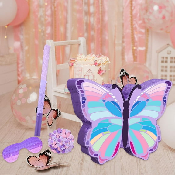 Sharprepublic Butterfly Pinata Birthday Party Supplies Pull String Pinata with Batter and Blindfold for Classroom Birthday Girls Boys Decor