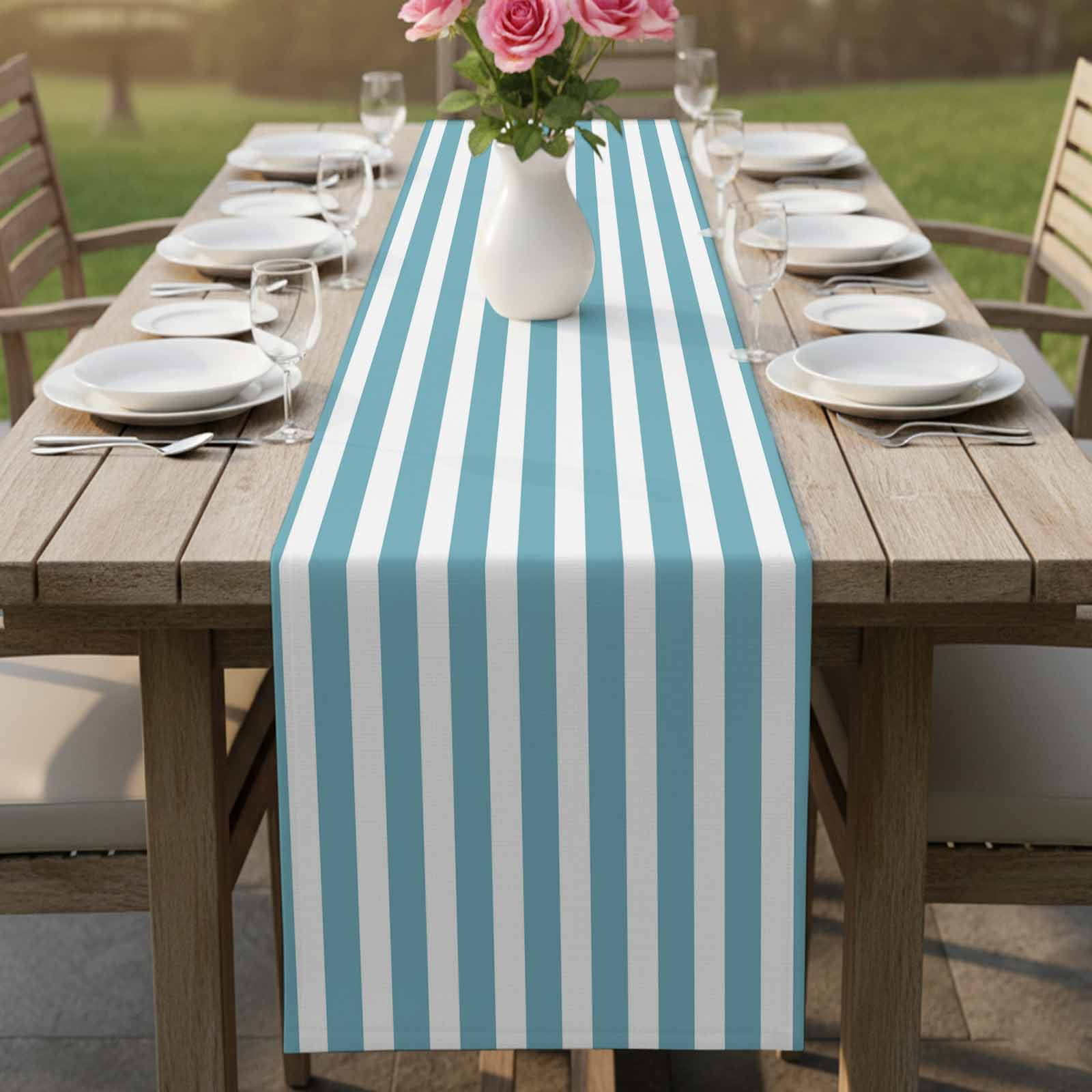 Aqua Striped Table Runner, Modern Farmhouse Blue White Stripes Washable Cotton Linen Table Runners 60 Inches Long, Dresser Scarf Runner for Coffee/TV Stands/Kitchen/Cabinets 13''x60''