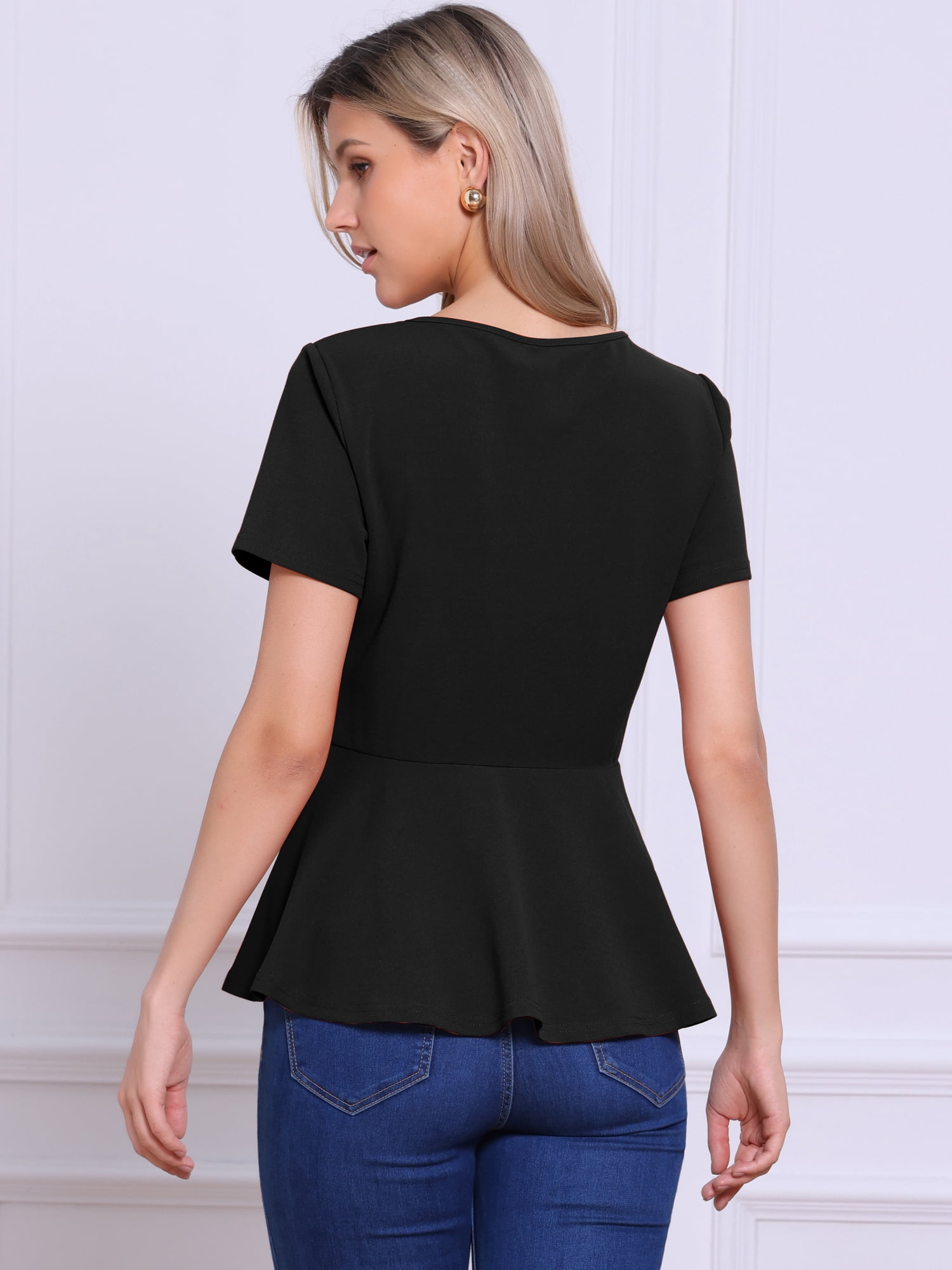 DARING DIVA Women's Peplum Tops Short Sleeve Crew Neck Blouse M Black
