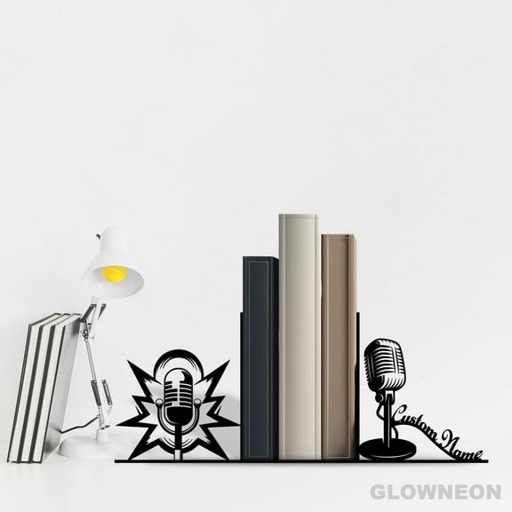 Glowneon Personalized Vintage Microphone Bookends, Podcast Book Stand