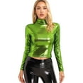 thumbnail image 2 of Women's Metallic Liquid Mock Neck Turtleneck Crop Top Long Sleeve/Sleeveless Tank Top T Shirt Army Green L, 2 of 4