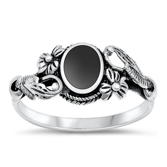 CHOOSE YOUR COLOR Sterling Silver Simulated Black Onyx Ring Flower Leaf Band .925 CZ Female Size 10