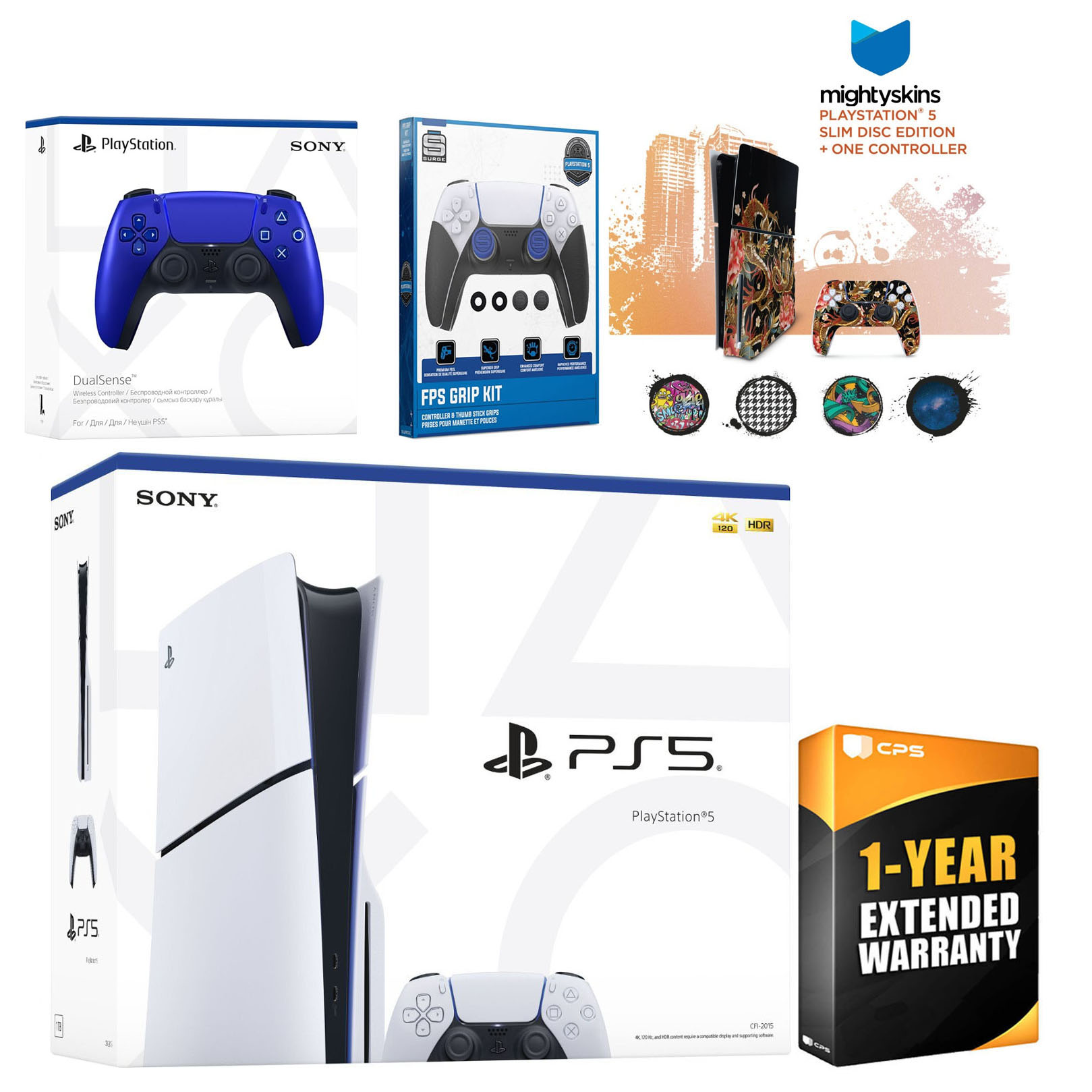 Sony Playstation 5 Slim Disc with Extra Cobalt Blue Controller, FPS Grip Kit and MightySkins Decal Voucher Plus 1 Year CPS Extended Warranty