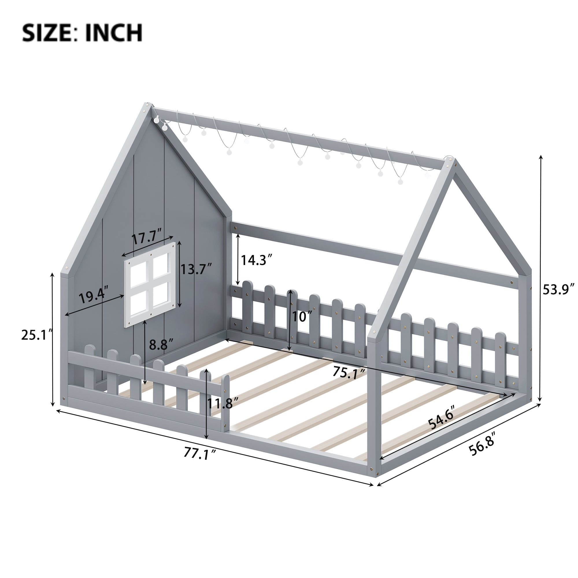 Bellemave House Bed with LED Lights Full Size Floor Bed with Fence Railings and Window, Wooden Montessori Floor Bed, Full Size Bed Frame, Gray with Light