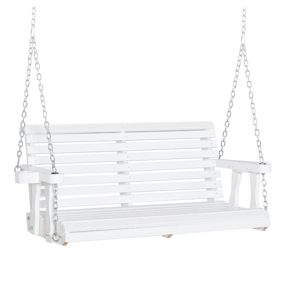 SAZYY 46 Inch 2-Person Porch Swing with Cup Holders, 440lb Weight Capacity All-Weather Wooden Outdoor Loveseat for Patio Garden White