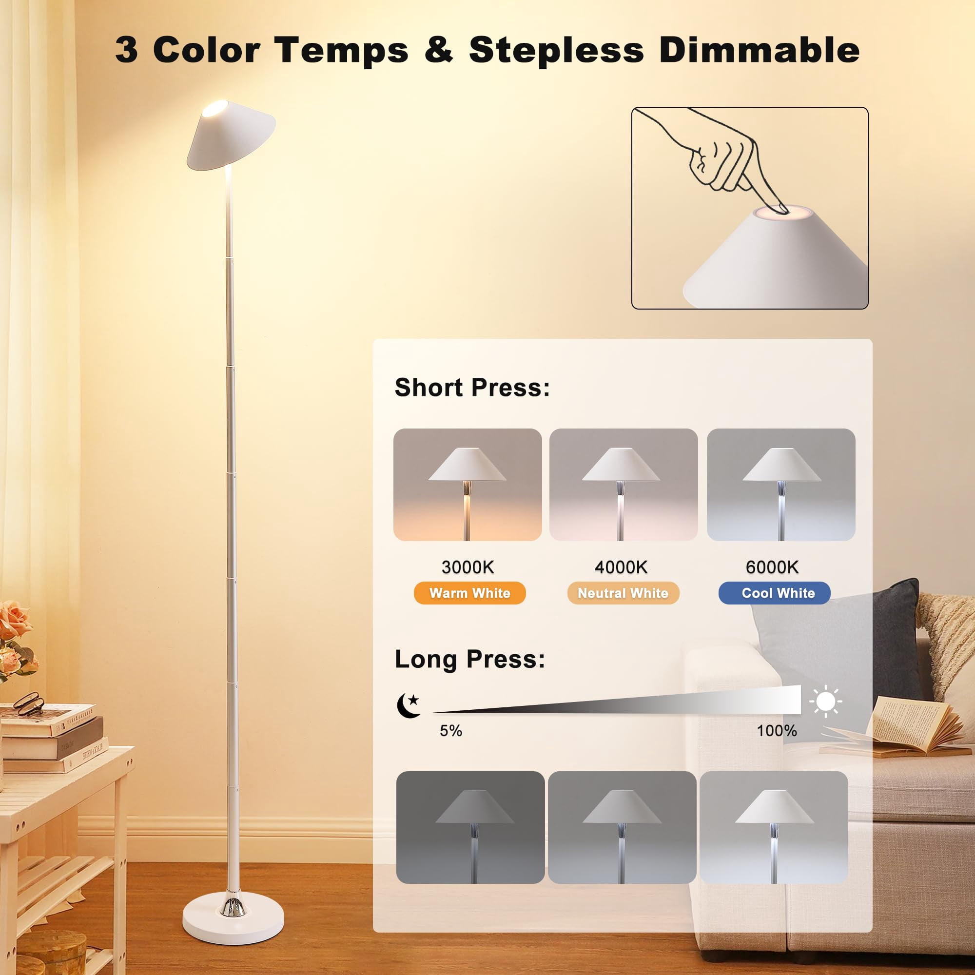 Floor Lamp for Indoor/Outdoor, Cordless Tall Standing Lamp with 3 Color Temps & Dimmable, IP43 Waterproof, Adjustable Height 16-59 Inch, LED Floor Lamp for Living Room, Patio(Black)