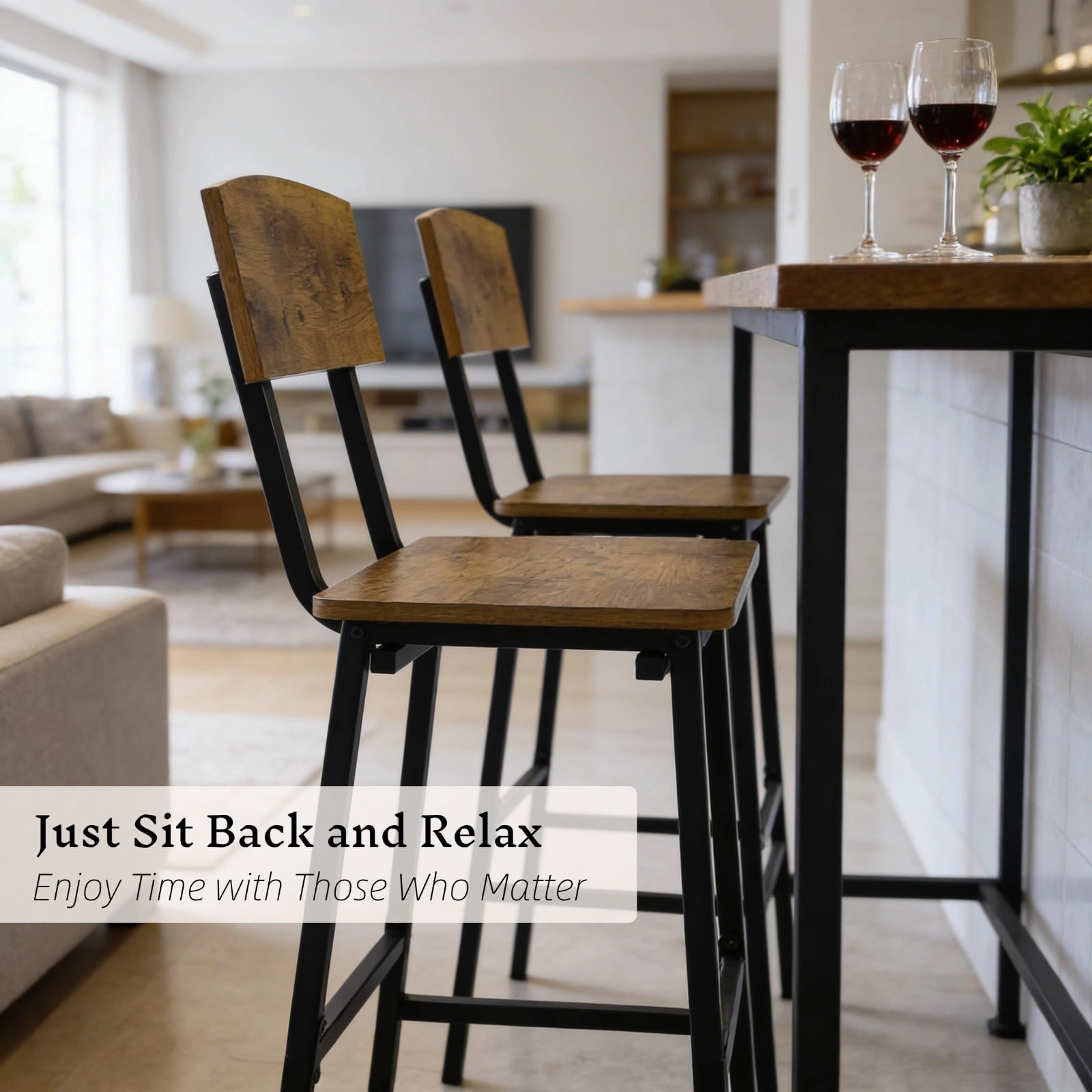 Set of 2 Bar Stools with Backrest, 26"/30" Counter Height Barstools, Rustic Wood & Metal Industrial Bar Chairs, Farmhouse Armless Bar Stools for Kitchen Island, Dining Room, Pub, Bistro
