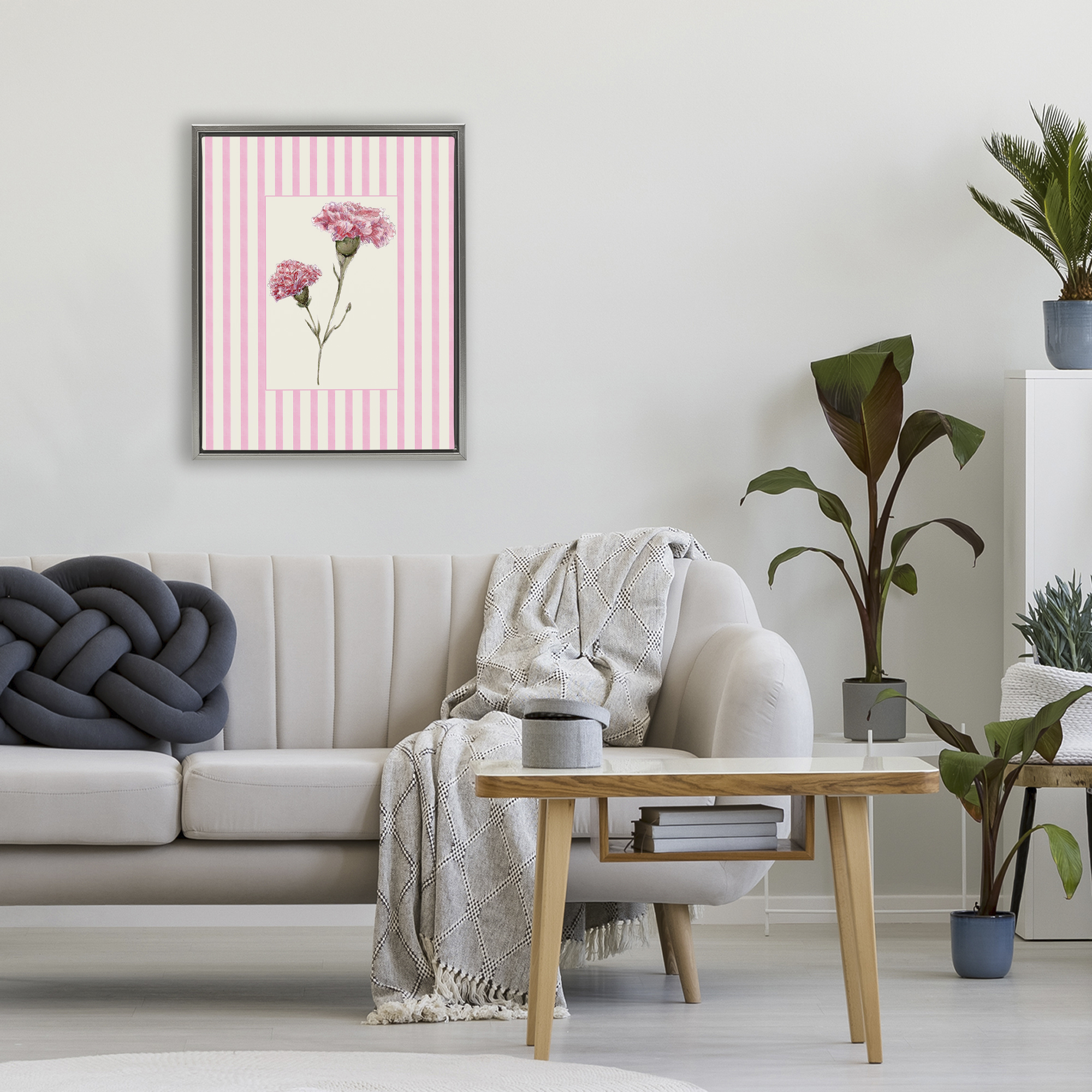 Pink Stripe Carnation Gray Framed Floater Canvas Wall Art, design by Lisa Wehmeyer
