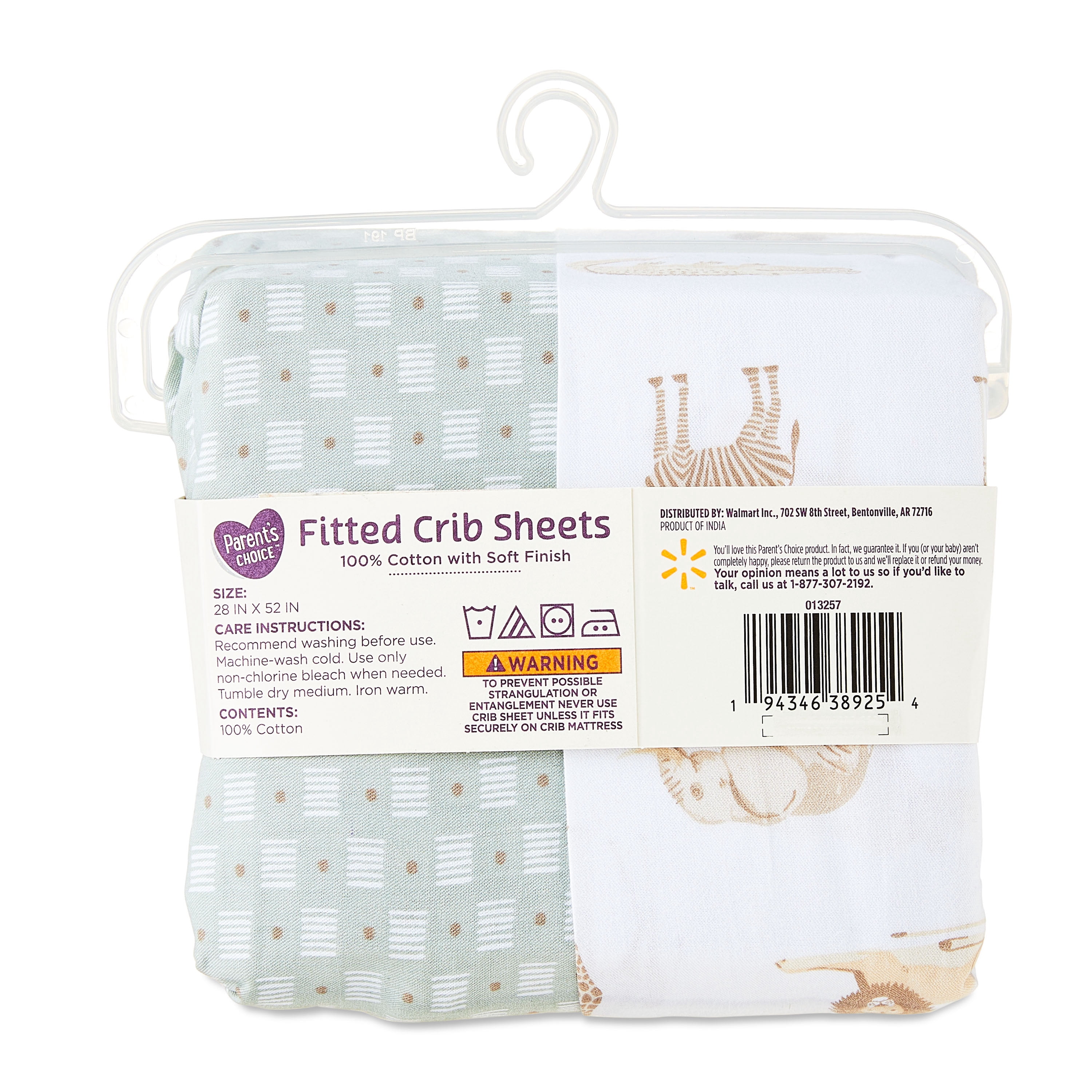 Parent's Choice 2-Piece Cotton Fitted Crib Sheets for Baby Boys and Girls, Safari