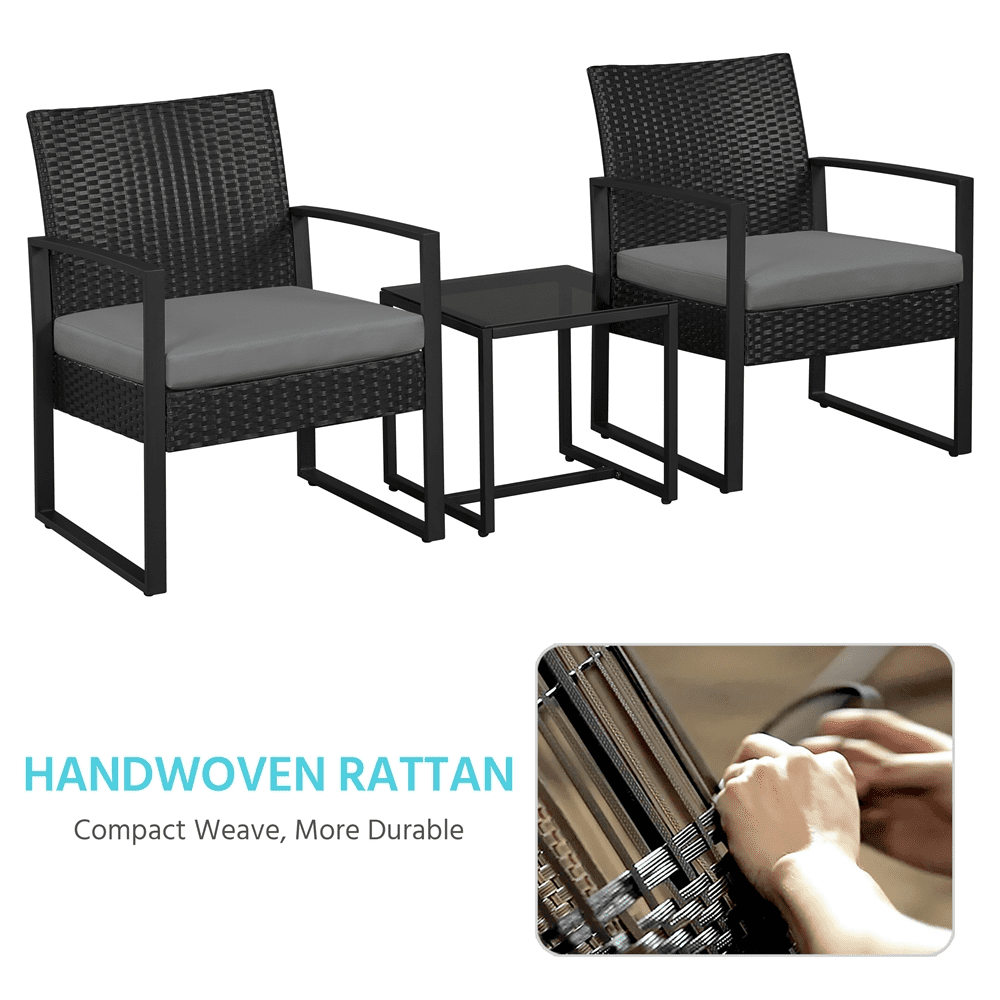 Yaheetech 3-Piece Modern PE Rattan Patio Bistro Set for Garden Backyard, Black