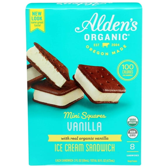 Aldens Organic Vanilla Mini Square Ice Cream Sandwich, 2 Fluid Ounce - 8 count per pack - 12 packs per case.