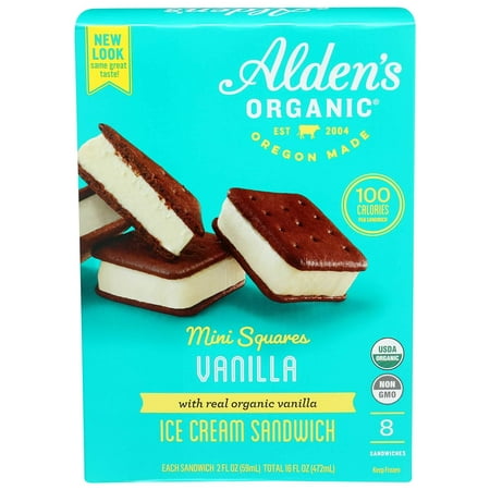 Aldens Organic Vanilla Mini Square Ice Cream Sandwich 2 Fluid Ounce – 8 count per pack – 12 packs per case.