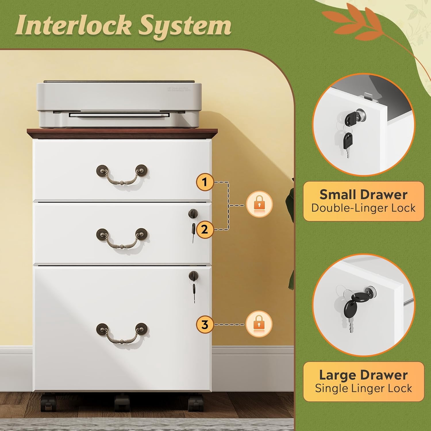 File Cabinet 3-Drawer, Small Office Furniture with Lock, Rolling Under Desk Filing Cabinet for Home Office, White