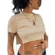 thumbnail image 2 of Sunloudy Mujeres Crop Tops, Cuello Redondo Manga Corta Color Sólido Lado Dividido Casual Verano Camisetas Cortas Sunloudy moda, 2 of 8