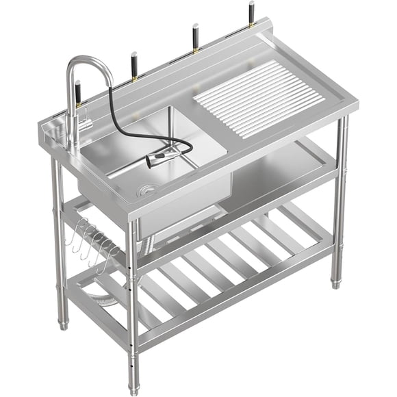 Bingirl 39x19x34in Stainless Steel Freestanding Single Bowl Utility Sink with Pull-Out Hot and Cold Faucet, S-Hooks, Storage Shelf, and Adjustable Legs for Laundry Room, Garage, and Kitchen
