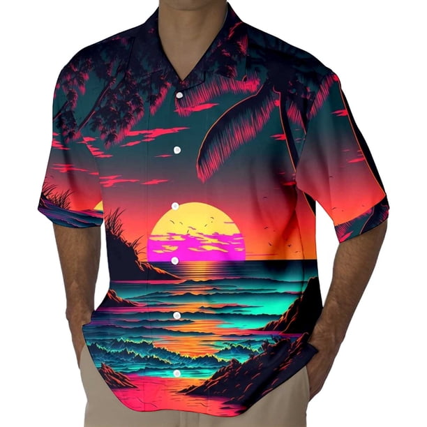 Camisas Manga Larga Hombre Camisa de estilo casual de manga corta para hombre Camisa de solapa con botones con estampado 3D de puesta de sol de junto al mar Cárdigan de manga corta (Red, XL)