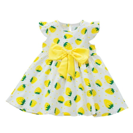 

DNDKILG Infant Baby Toddler Child Children Kids Strawberry Bow Dress for Girl Summer Dresses Sleeveless Flutter Sleeve Sundress Yellow 6M-4Y