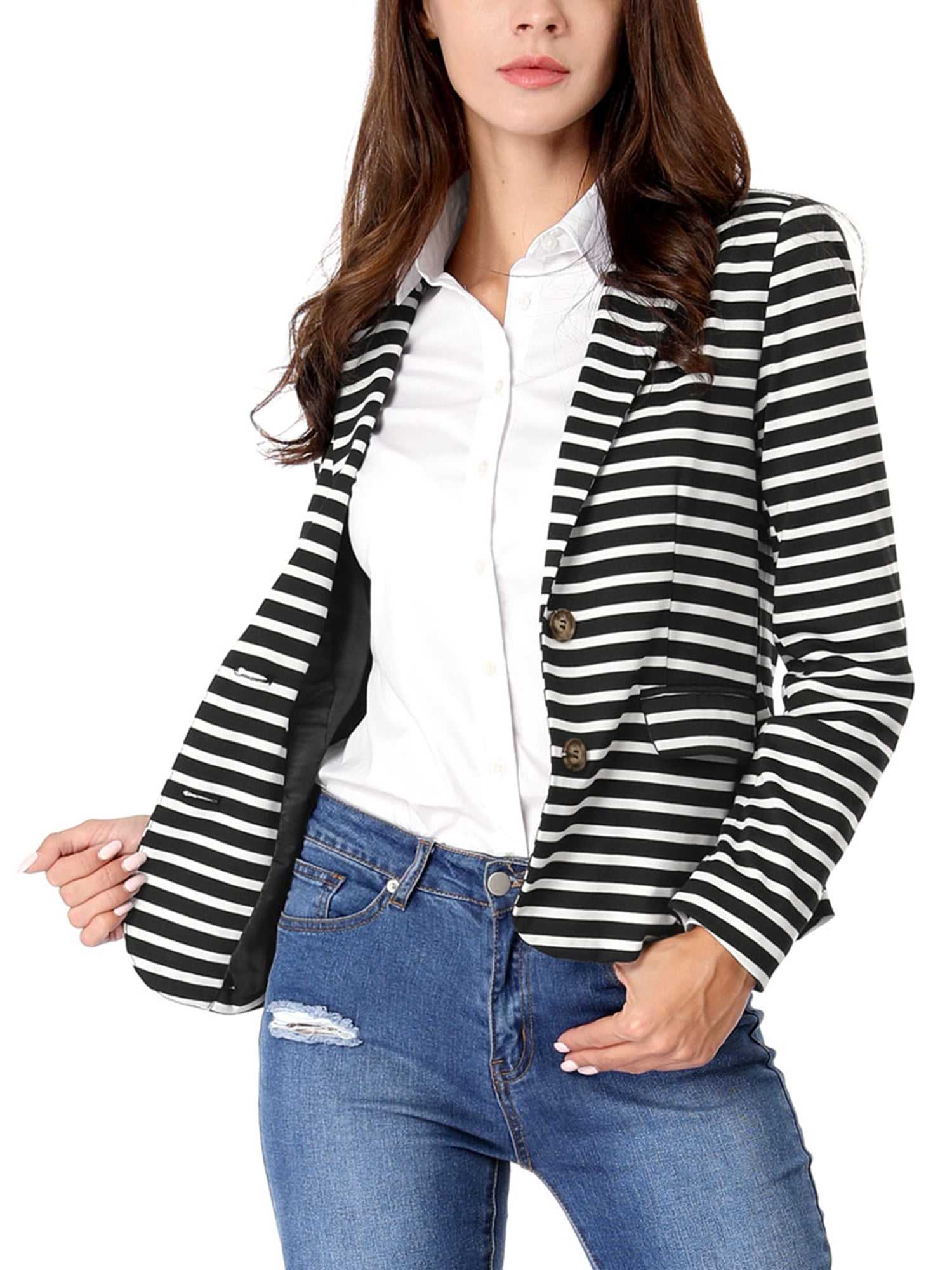 DARING DIVA Women's Striped Notched Lapel Button Closure Blazer L Black