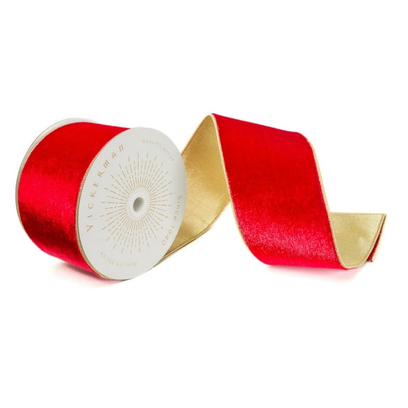 Vickerman QK241175 4 in. x 10 Yards Red Shiny Velvet Gold Trim Wired Ribbon