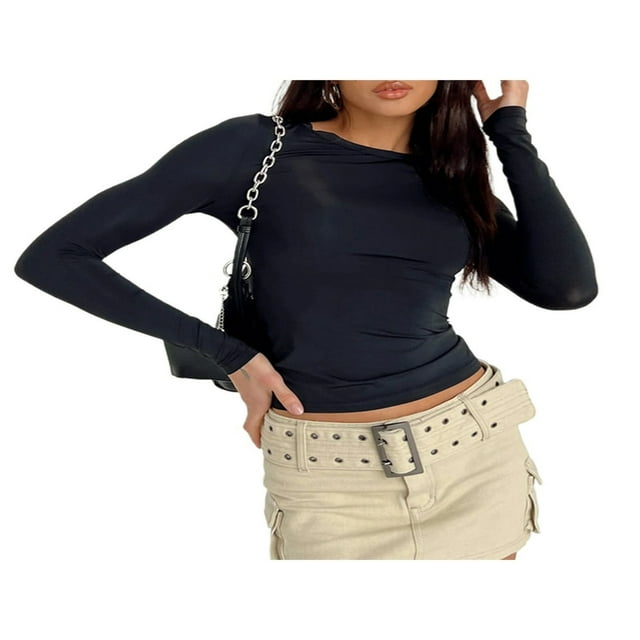 Femmes Manches Longues T-Shirt Col Rond Mince Crop Top Causal Solide Y2k Pull-Over Top