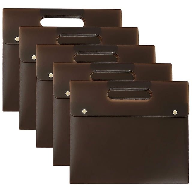 A4 Plastic Envelope Folder Bag, File Bag, Flat Project File, with Handle, 2 Snap Closures (Brown, 5 Per Pack)