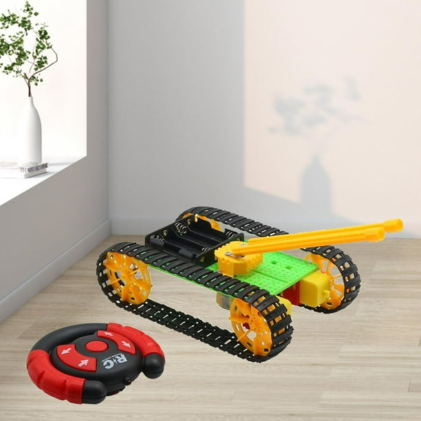 Plástico DIY RC Coches Juguetes Crawler Tank Vehículo 4 Canales Juguetes de construcción Bloque de construcción educativo 2.4GHz para niños Maniobra Rápida Amarilla Hugo Coche de tanques RC