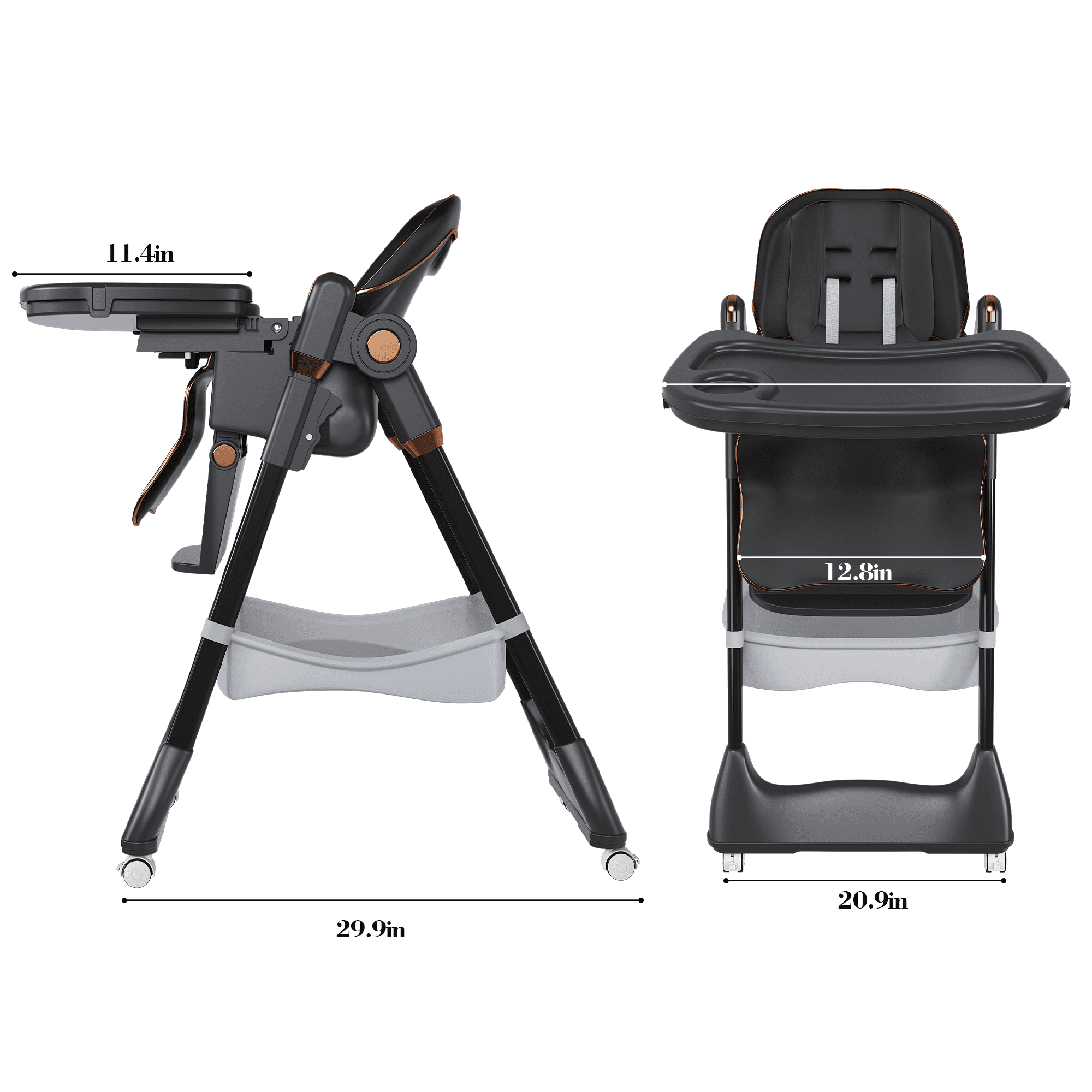 Wohh Convertible Baby High Chair for 6M-3Yrs, Portable Folding Toddler Dining Seat with Soft Cushion,5 Height & 3 Recline & 4 Dining Tray & Removable Double Tray(Black)