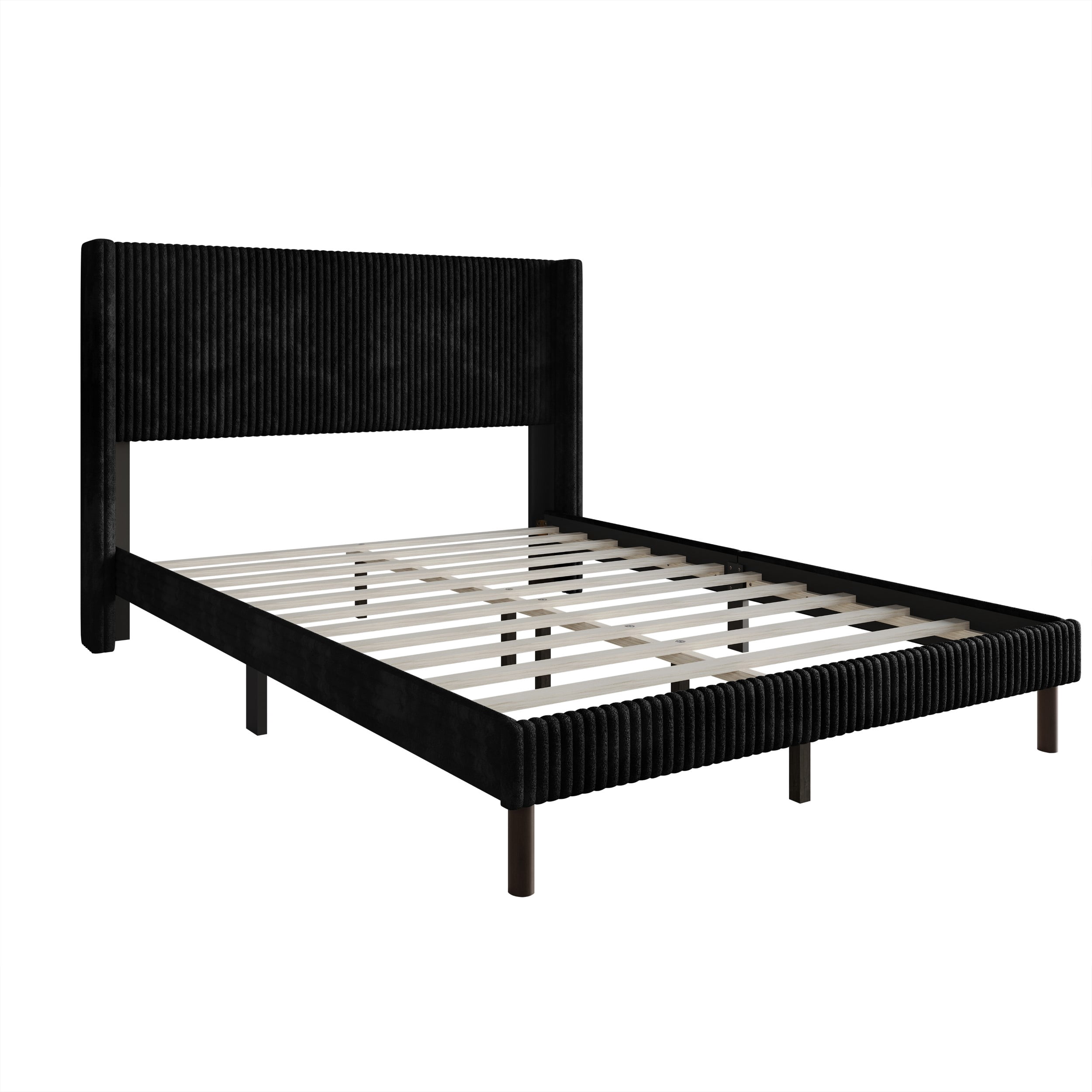 Home Design Duluth Queen Corduroy Velvet Upholstered Platform Bed Frame with Wingback Headboard & Button-Tufted Detail, Black, Easy Assembly