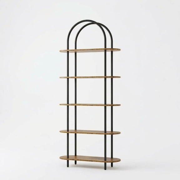 71" Arched 5-Tier Bookcase, Industrial Metal Frame Open Bookshelf, Tall Freestanding Storage Display Shelf for Living Room, Bedroom, Home Office, Black & Rustic Brown