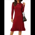 thumbnail image 3 of Vestido de Punto Acanalado para Mujer, Informal, de Larga, Cuello Redondo, Ajustado, Plisado, Estilo Urbano Vino Tinto L, 3 of 10