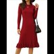 thumbnail image 3 of Vestido de Punto Acanalado para Mujer, Informal, de Larga, Cuello Redondo, Ajustado, Plisado, Estilo Urbano Vino Tinto S, 3 of 10