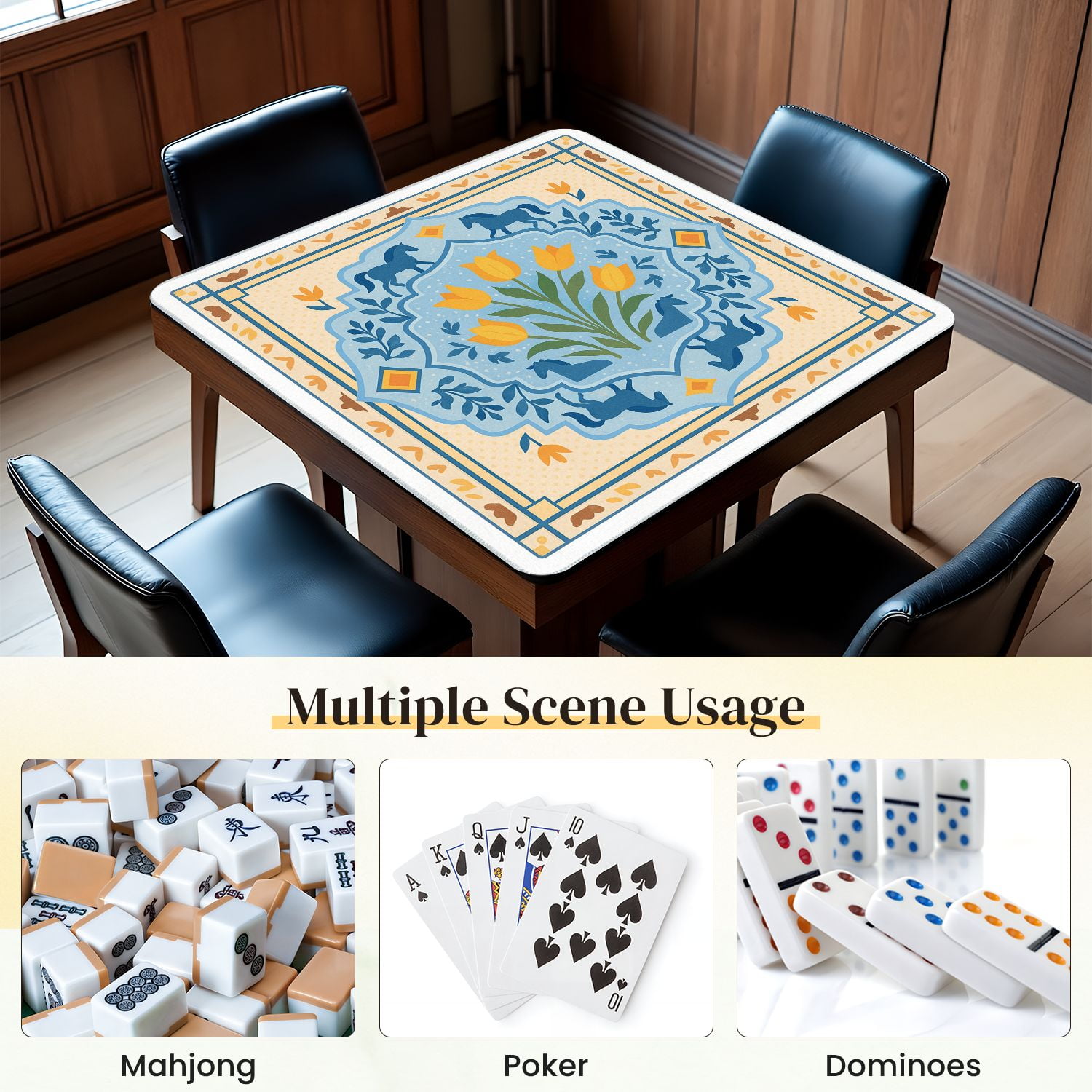 Mahjong Mat 31.5" x 31.5" Blue Yellow Floral Tile Horses Tulips Anti-Slip and Noise Reduction Symmetry Design Mahjong Tiles Table Cover for Dominoes Poker Card Board and Tile Games