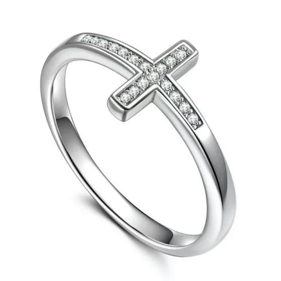 High Polished CZ Cross Band Womens White Gold Filled Church Party Ring Size 6-10