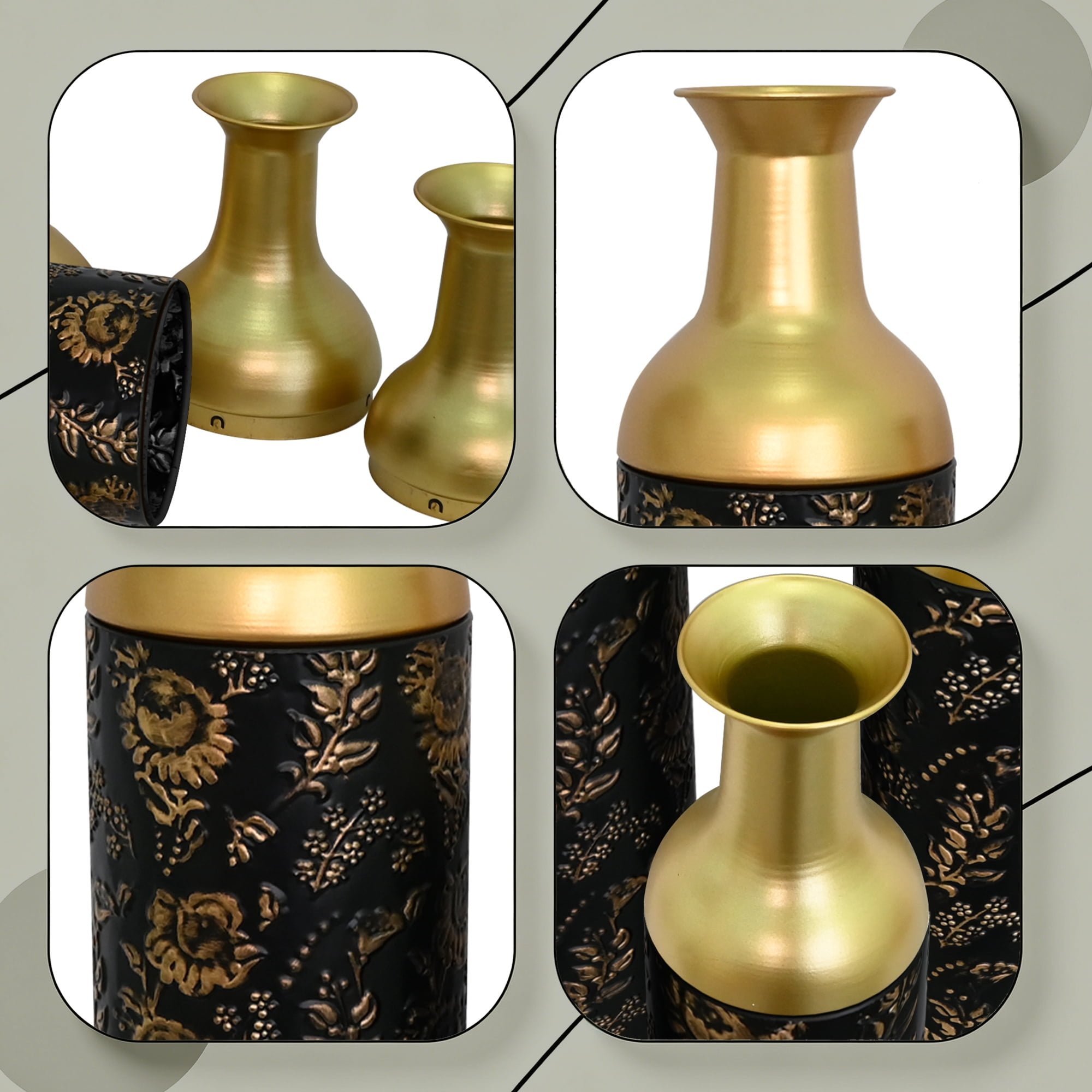 Leumius Decorative Metal Vases Set of 3, Gold Leaf Pattern Floor Vases, Black& Gold Tall Vases for Home Decor, Living Room Entryway Decor