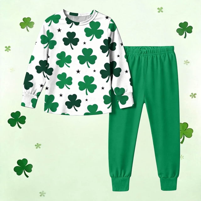 Conjuntos de blusa y camisa de manga larga con cuello redondo. Conjunto de camisa y pantalón de manga larga con estampado del Día de San Patricio para niños y niñas. Top y pantalón para niña.