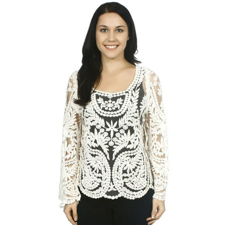 Simplicity - Women's Long Sleeved Embroidered Floral Lace Blouse/ See ...