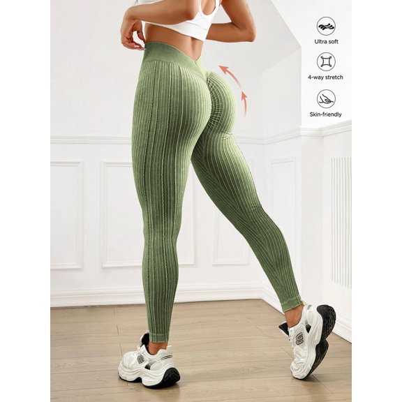 Women's Seamless V Back Gym Leggings Low V Cut Butt Lifting Ribbed Yoga Pants Yoga Sports Green S
