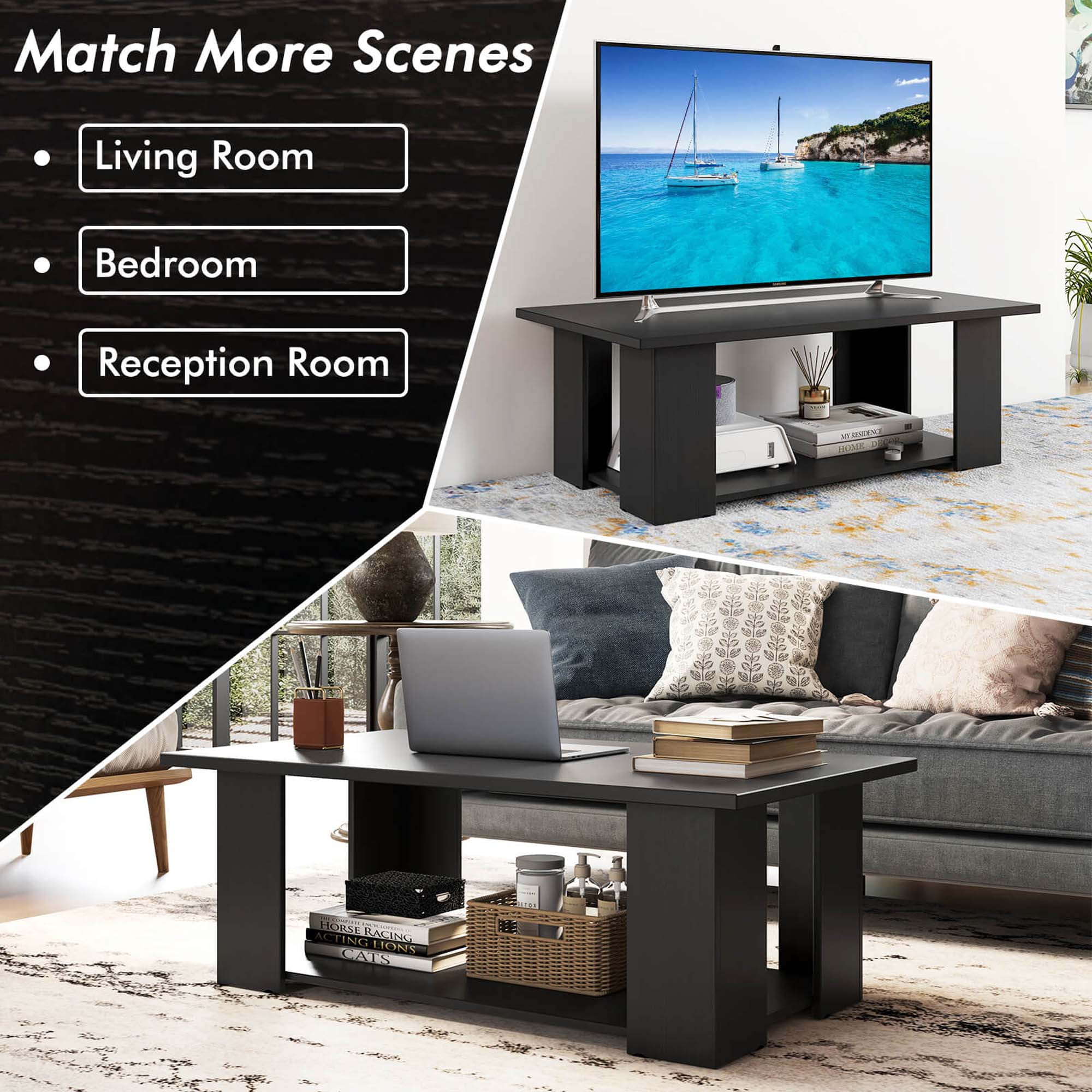 Costway Coffee Table 2-Tier Modern Center Cocktail Table with Storage Shelf for Living Room Black