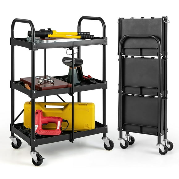 Costway Folding Collapsible Service Cart Heavy-Duty 3-Shelf Tool Cart with 4 Wheels