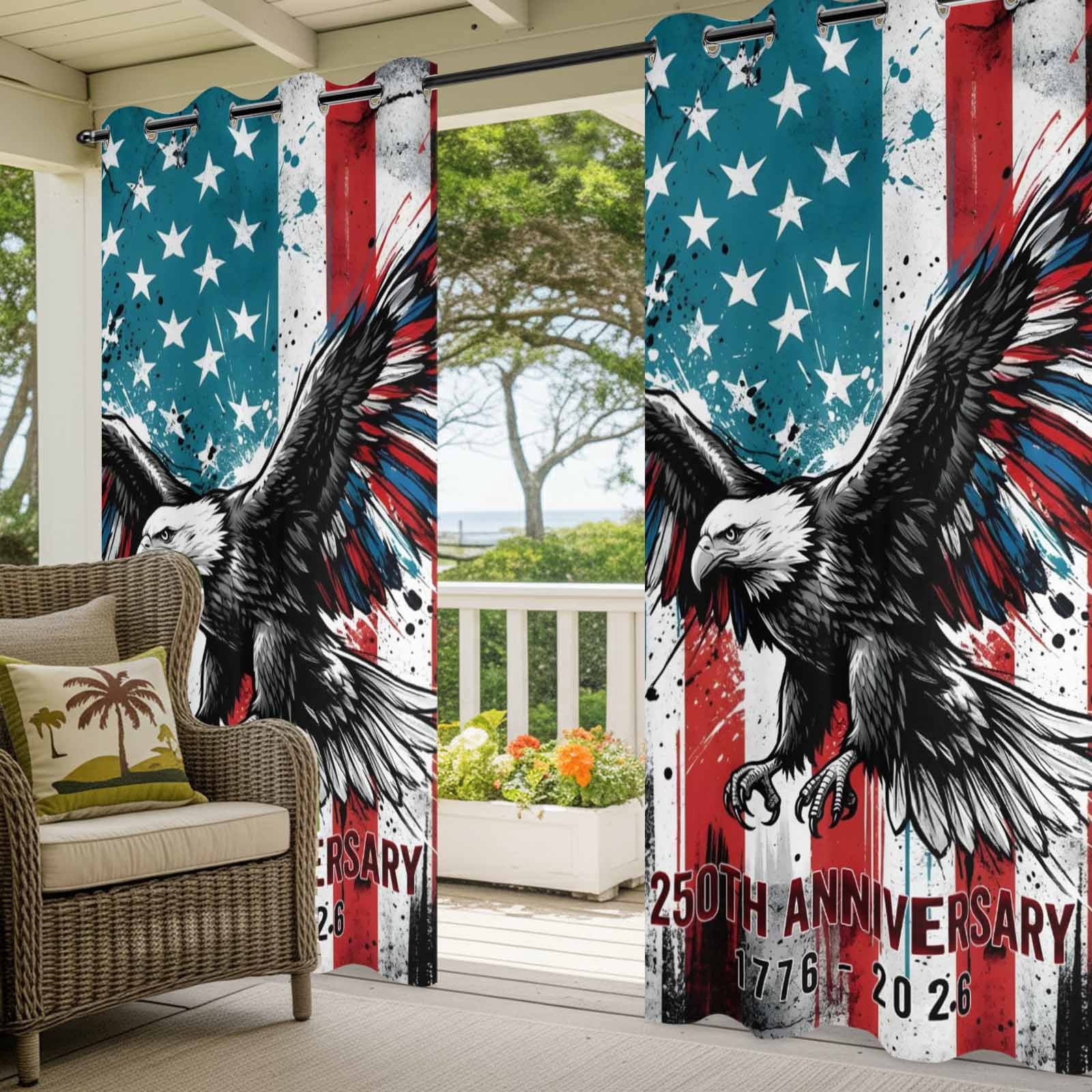 Independence Day Outdoor Curtains for Patio, American Flag Bald Eagle 250th Anniversary Sunshade Privacy Drapes Grommet Waterproof Outside Curtains for Porch/Cabana/Balcony 54"x 108", 1 Panel