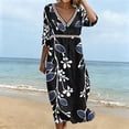 thumbnail image 4 of Ayolanni Fall Dresses Floral V-Neck 3/4 Sleeve A-Line Maxi Dress Elegant Cotton Holiday Flowy Long Dress Black L, 4 of 6
