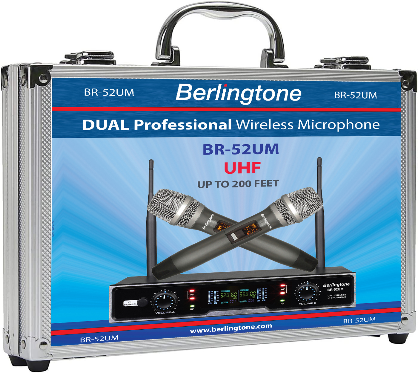 Berlingtone BR-52UM Professional Dual Dynamic Handheld UHF Wireless Microphone System, Metal Microphone and Base, for Singing, Karaoke, Church, Wedding, meeting, up to 260ft Range