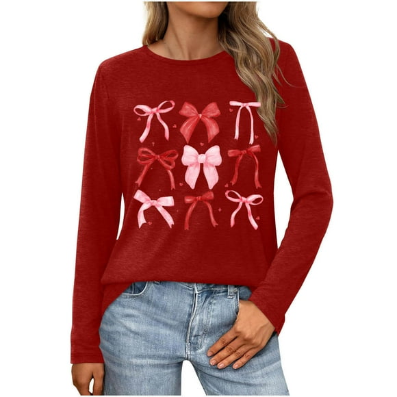 yardsong T-Shirts Graphiques Mignons avec Nœud pour Femmes, Saint-Valentin, Col Rond, Manches Longues, Hauts de Sortie, Tunique Ample, Rouge, G